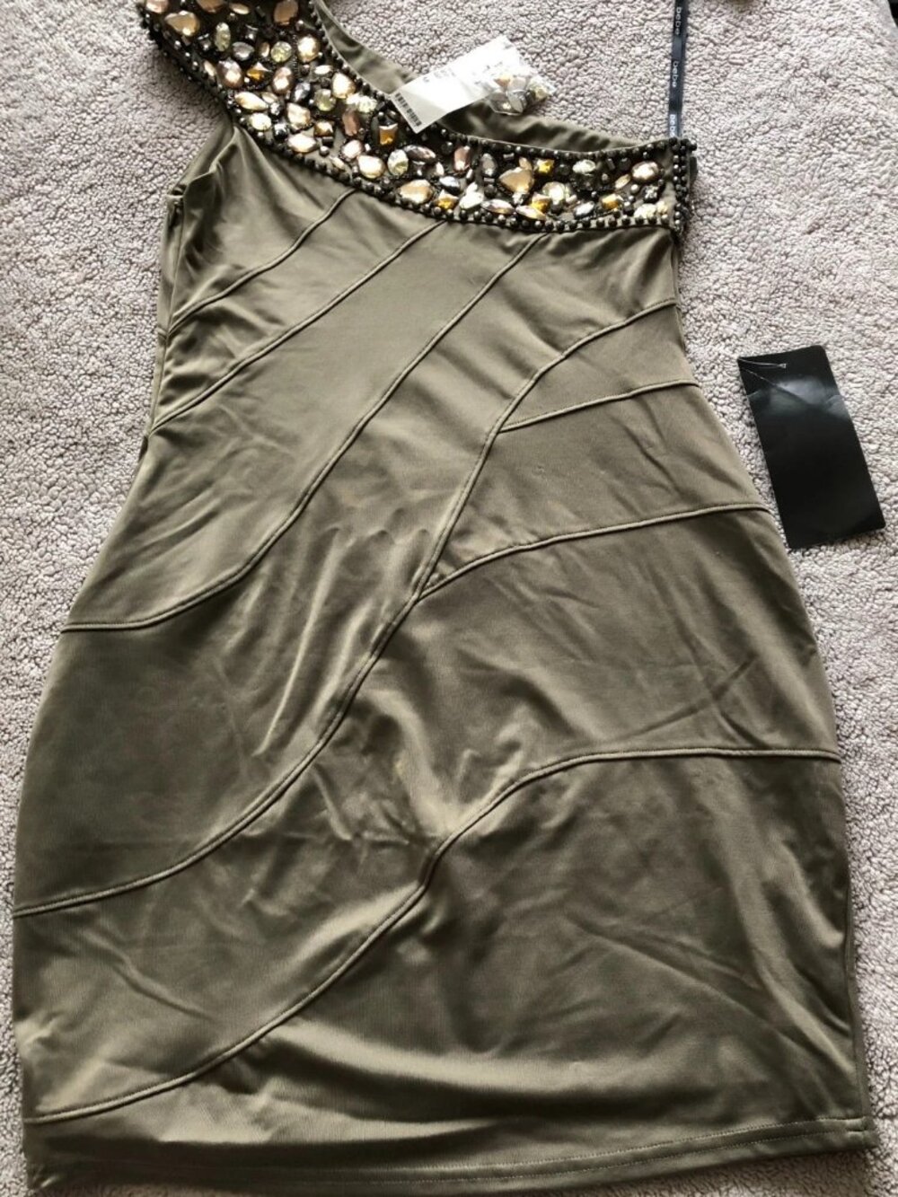 Y2K-Bebe Olive Green Dramatic Beaded w/Crystals 1 Shoulder - Picture 14 of 16